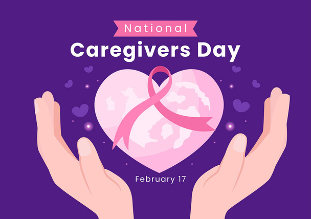 National Caregivers Day op 17 februari Zorg voor onzelfzuchtige persoonlijke verzorging en fysieke ondersteuning in platte cartoon hand getrokken sjablonen Illustratie - Vector, afbeelding