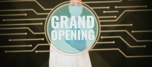 Tekst met inspiratie Grand Opening, Word Written on Ribbon Cutting New Business Eerste officiële dag Lancering - Foto, afbeelding