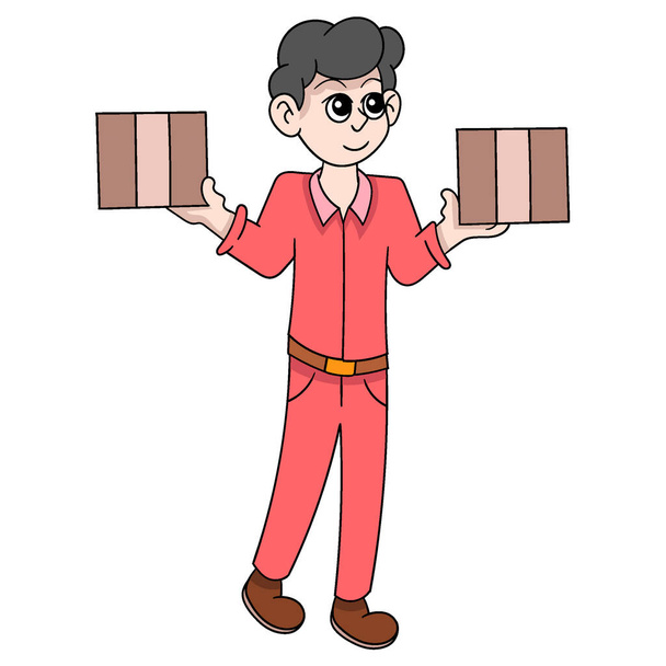 illustration of a courier delivery guy carrying a box delivering goods to customers. vector design illustration art - Vektör, Görsel