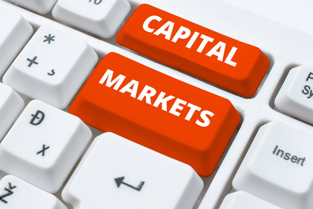 Konzeptionelle Bildunterschrift Kapitalmärkte, Unternehmensübersicht Erlauben es Unternehmen, Mittel zu beschaffen, indem sie Marktsicherheit bieten - Foto, Bild