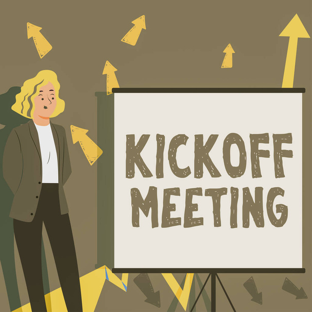 Inspiration zeigt Zeichen Kickoff Meeting, Business Overview Spezielle Diskussion über die Rechtmäßigkeiten des Projekts - Foto, Bild