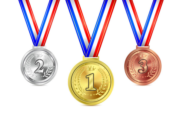 Gold, silver and bronze medals set. Metal realistic badge. Champion and winner awards medal or trophy of the summer games. On white isolated background. 3D Vector EPS 10. - ベクター画像