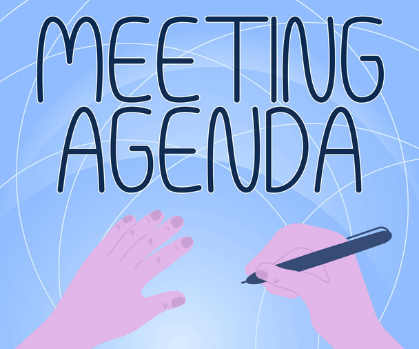 Találkozó napirend, üzleti bemutató A napirend egyértelmű elvárásokat fogalmaz meg arra vonatkozóan, hogy mi szükséges egy találkozóhoz - Fotó, kép