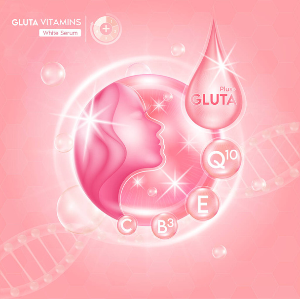 Rózsaszín glutation oldat szérum csepp és vitaminok, kozmetikai reklám háttér használatra kész, hialuronsav bőrápolási hirdetés. 3D vektor EPS 10. - Vektor, kép