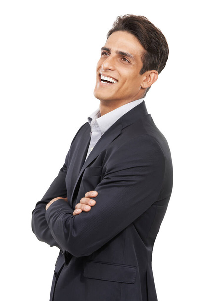 Confiante sobre o seu futuro de negócios. Um jovem confiante rindo com os braços dobrados - Foto, Imagem