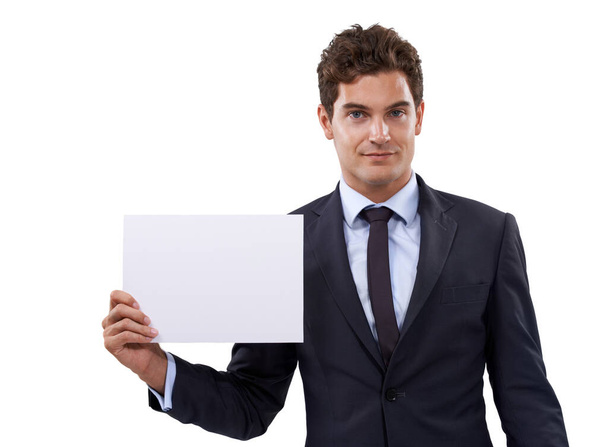 He has an impressive resume. A young businessman holding a blank placard - Fotografie, Obrázek