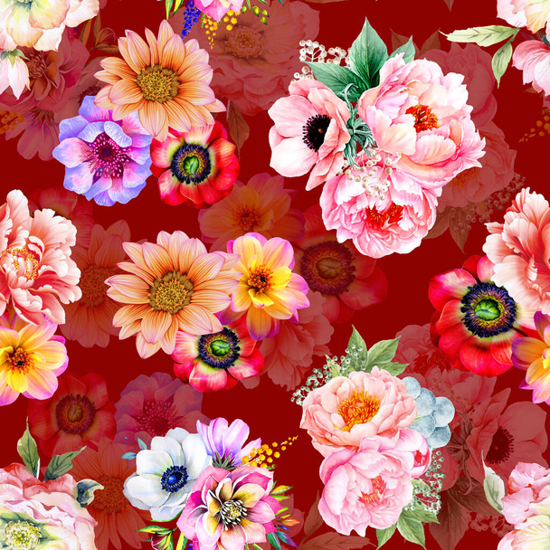 Digital Flower Pattern, Textile Pattern Design, watercolor illustration of abstract flowers, seamless pattern, Textile Digital Printing Design - Valokuva, kuva