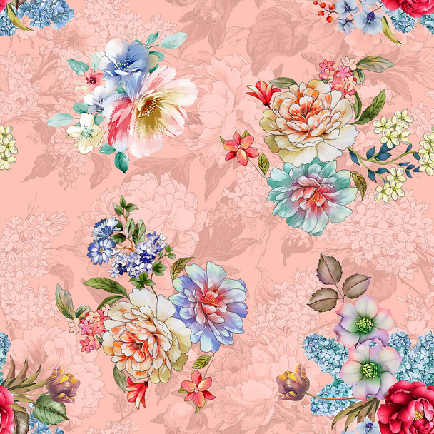 Cyfrowy wzór kwiatów, projekt wzorów tekstylnych, akwarela ilustracja abstrakcyjnych kwiatów, bezszwowy wzór, projekt druku cyfrowego tekstylia - Zdjęcie, obraz