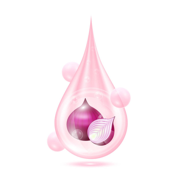 Drop serum shallot. Vitamin collagen anti aging serum. Natural skincare cosmetic. Water droplets pink with oxygen bubbles isolated on white background. Realistic 3d vector. - Vetor, Imagem