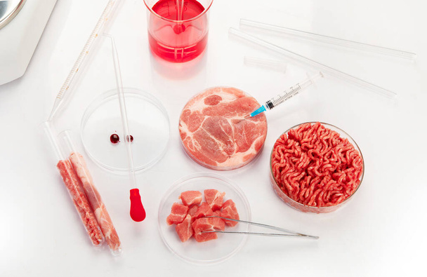 Petri dish with cultured meat in laboratory. Concept of clean meat cultured - Foto, Imagen