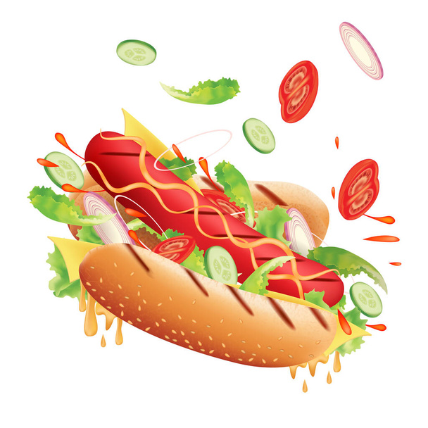 Hot Dog Cheese Lava e ingredienti su sfondo bianco. Realistico con illustrazione vettoriale 3D. - Vettoriali, immagini