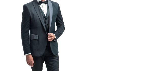 hoary businessman in tuxedo suit with neck bow isolated on white background. full length. - Photo, image