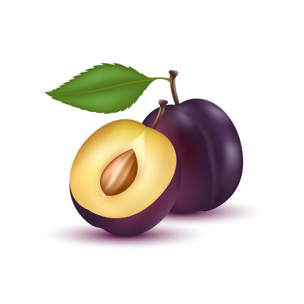 Persimmon mit Pfirsichscheiben und Blättern. Vitamine, gesundes Obst. Auf weißem Hintergrund. Realistische 3D-Vektor-Illustration. - Vektor, Bild
