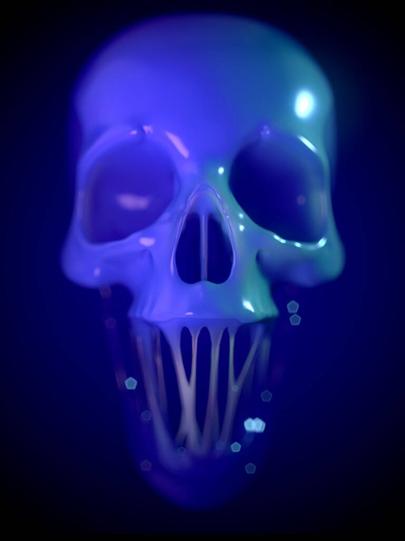 Blue-colored glittery skull chewing gum. An imagery of deadly sweetness. Digital illustration with depth of field effect. Abstract background. Trendy 3d rendering advertising - Φωτογραφία, εικόνα