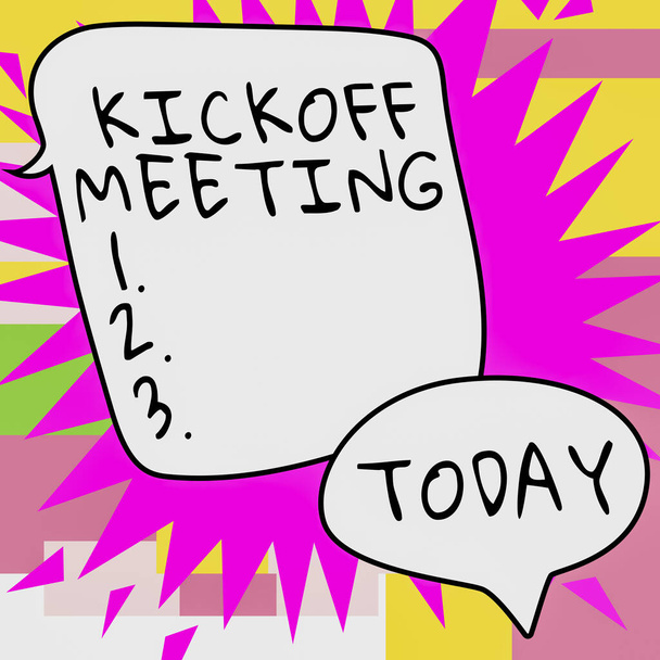 Pokaz koncepcyjny Kickoff Meeting, Word Napisane na specjalnej dyskusji na temat legalności związanych z projektem - Zdjęcie, obraz