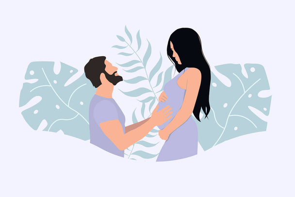 Young pregnant woman with her husband. Conceptual illustration of motherhood and fatherhood. flat style - Vector, Image