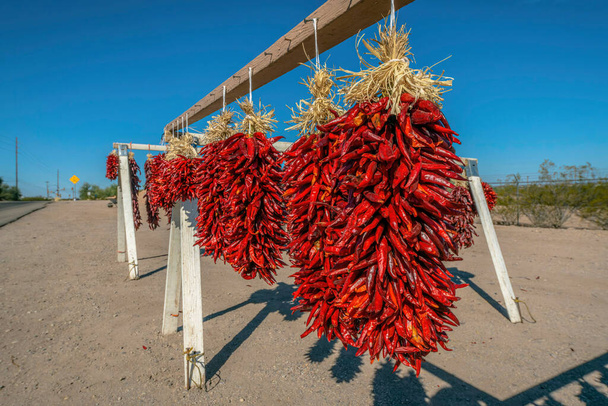 Appeso peperoncino in vendita sul ciglio della strada a Tucson, Arizona. Fila di peperoncini appesi su un supporto di legno contro la vista di una pianta a destra e strada a sinistra. - Foto, immagini