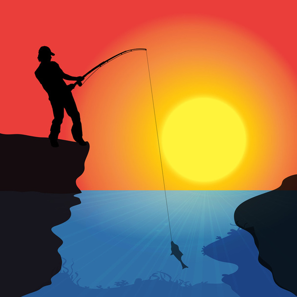 Man who fishes at sunset. - Vecteur, image