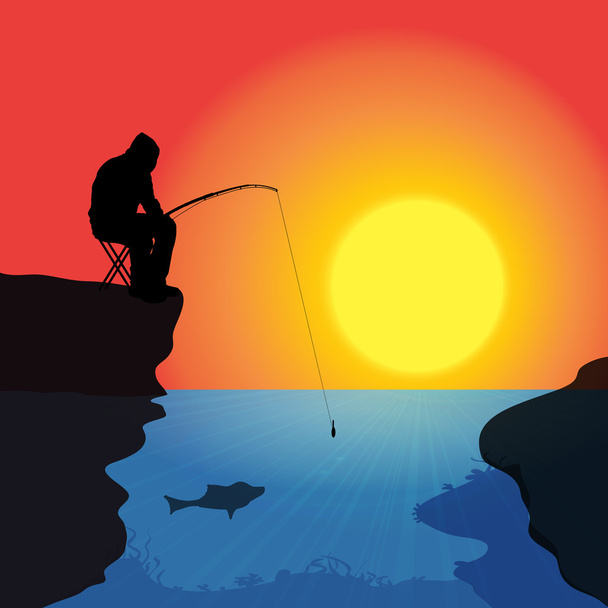 Mann, der bei Sonnenuntergang fischt. - Vektor, Bild