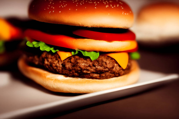 Sebzeli lezzetli hamburger resmi, klasik bir fast food ürünü. - Fotoğraf, Görsel