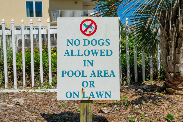 Destin 、フロリダ州プールエリアまたは芝生で犬が許可されていない投稿に署名します。植物の近くに看板があり、背景に家の建物がある柵を選ぶ. - 写真・画像