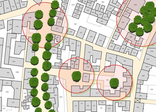 Szingol-, csoport- vagy sorfák összeírása városokban - zöld gazdálkodás és a fák feltérképezésének koncepciója képzeletbeli várostérképpel, kiemelt fákkal  - Fotó, kép