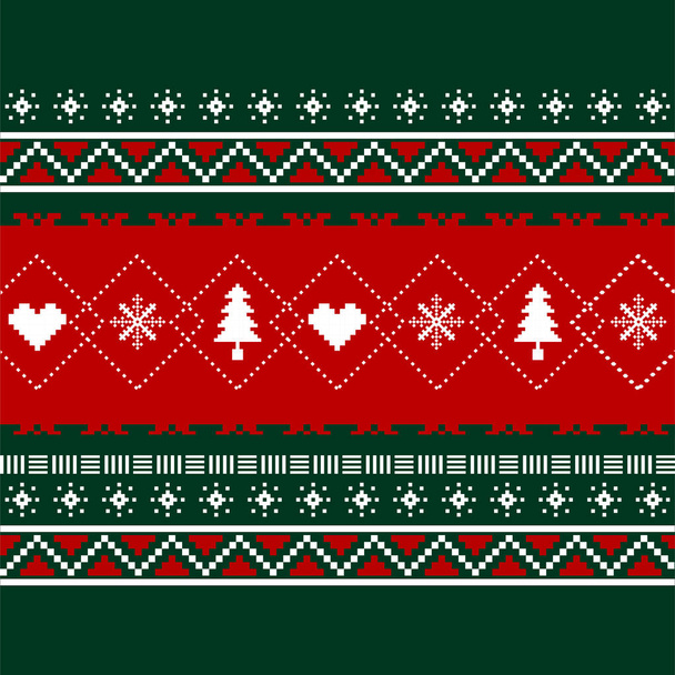 Rote und grüne Vektorpixel nahtloses Muster mit dem Schild "Frohe Weihnachten" - Vektor, Bild