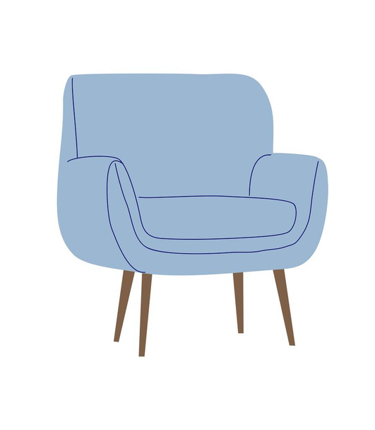 Retro styled blue armchair design with wood base and upholstered seat. Trendy mid century modern 60s lounge arm chair furniture for living room. Flat vector illustration isolated on white background. - Vector, Image