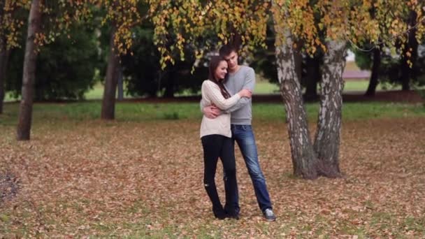 Αγαπώντας ζευγάρι στέκεται αγκαλιάζοντας κοντά σε ένα δέντρο στο πάρκο - Πλάνα, βίντεο