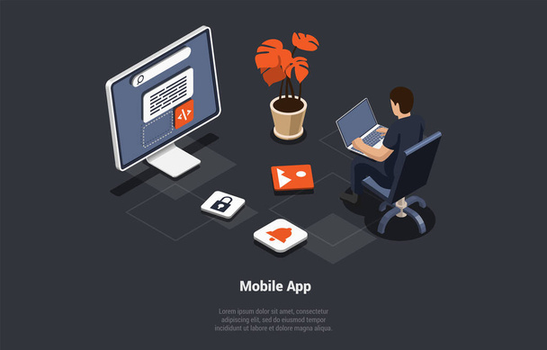 Mobile App Development and Design. Male Character Developer Is Testing Usability Interface Of Website. Mobile Application Debug Sketch Layout on Smartphone Or Tablet. Isometric 3d Vector Illustration. - Vector, Image