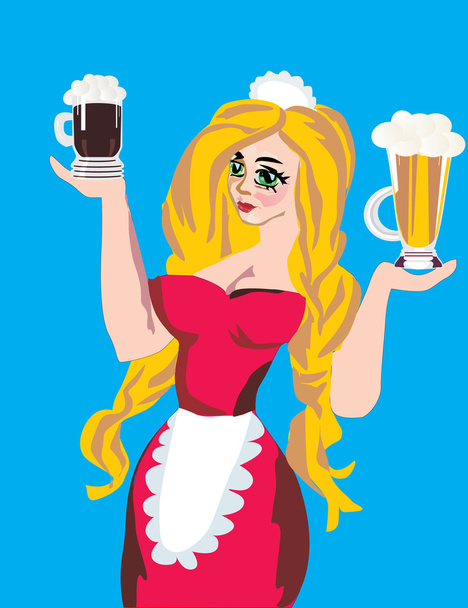 lány és két pohár sör - Vektor, kép