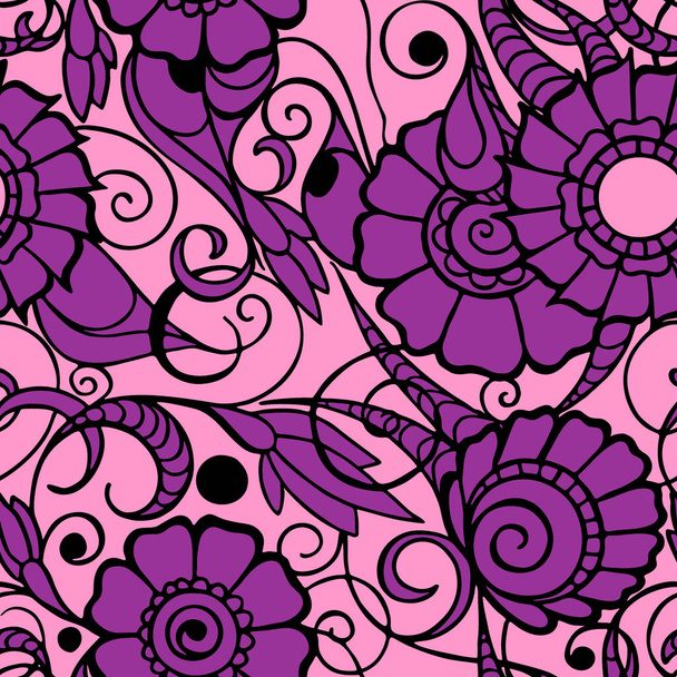zökkenőmentes minta nagy bíbor virágok egy fekete körvonal egy rózsaszín háttér, textúra, design - Vektor, kép