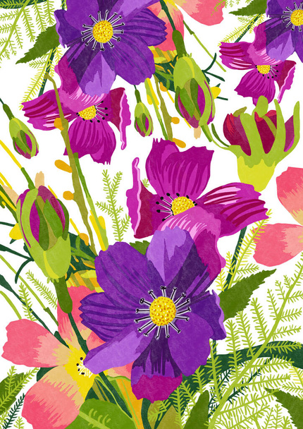 Floral ψηφιακή ζωγραφική των άγριων λουλουδιών τομέα, ζωντανά χρώματα, φωτεινά πνεύματα. - Φωτογραφία, εικόνα