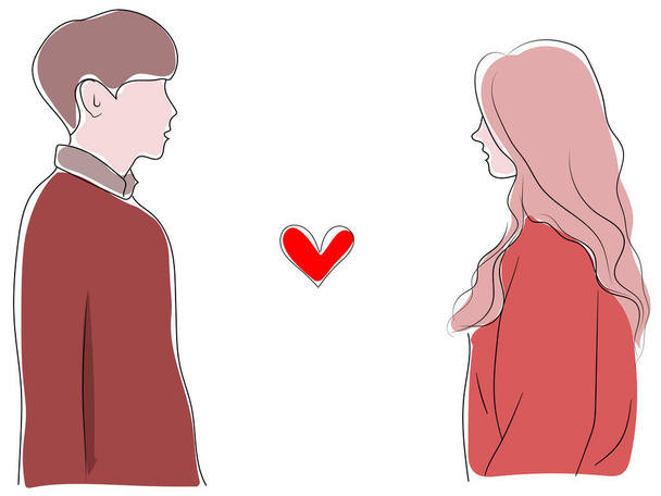 Simples silhueta ilustração de um homem e mulher de frente para o outro e um coração, cor monocromática - Vetor, Imagem