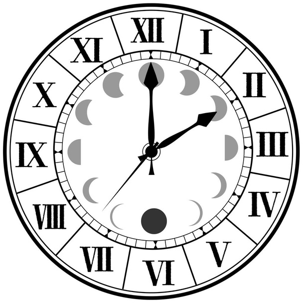 Retro, antique, wall clock with gorgeous design of Roman numerals, moon phase motif - Vector, Image