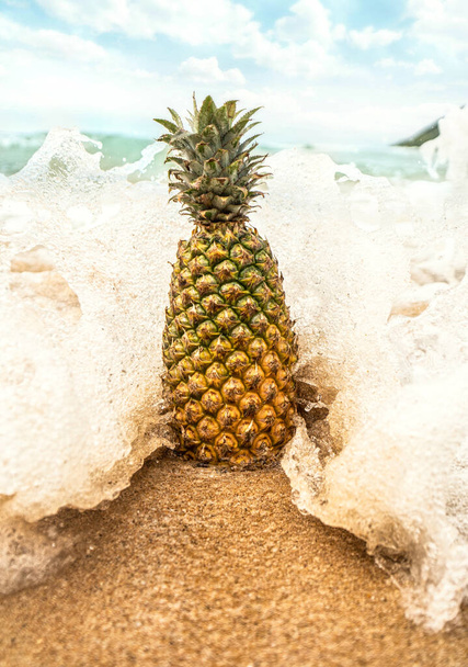 Summer tropical pineapple relaxing on a beach. Conceptual photo. Tourism. Vacation - Zdjęcie, obraz