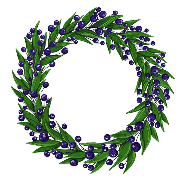 Round frame with plant elements. Frame with green leaves and blue berries. Can be used for invitations, postcards, greetings, envelopes. And also for printing on shopping bags, cups, napkins. - Foto, immagini