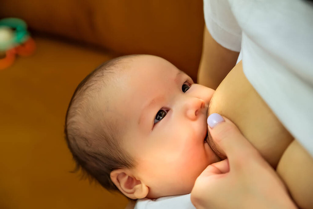 moeder houdt het kind vast, baby in haar armen. het voeden van een pasgeborene met moedermelk. Moeder geeft borstvoeding. natuurlijke moedermelk. - Foto, afbeelding