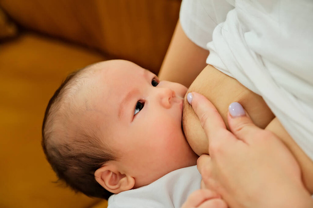 Η μητέρα κρατάει το παιδί, το μωρό στην αγκαλιά της. θηλασμός ενός νεογέννητου με μητρικό γάλα. Η μητέρα θηλάζει. φυσικό μητρικό γάλα. - Φωτογραφία, εικόνα
