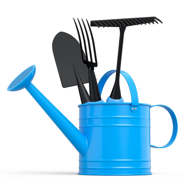 Watering can with garden tools like shovel, rake and fork on white background. 3d render concept of horticulture and farming supplies - Фото, зображення