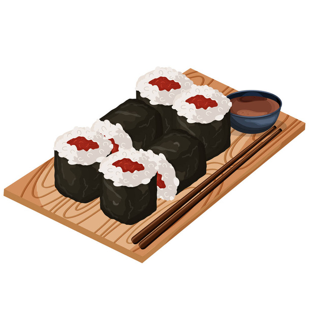 Japanische Sushi-Rollen auf einem Brett mit Sauce und Stäbchen. Werbung, Banner. Vektorillustration - Vektor, Bild