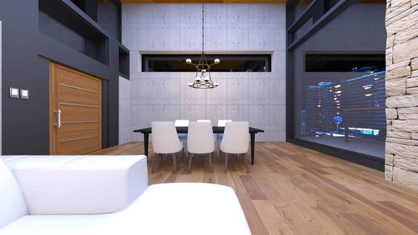 3D rendering of the living room and dining room with night view - Photo, image