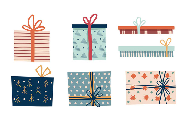 Set of gift boxes. Hand drawn Christmas or birthday presents clipart set. Illustration for srickers, logo, cards, posters, wrapping, scrapbooking, patterns, icon, web, logo, print, emblem, label - Vektor, Bild