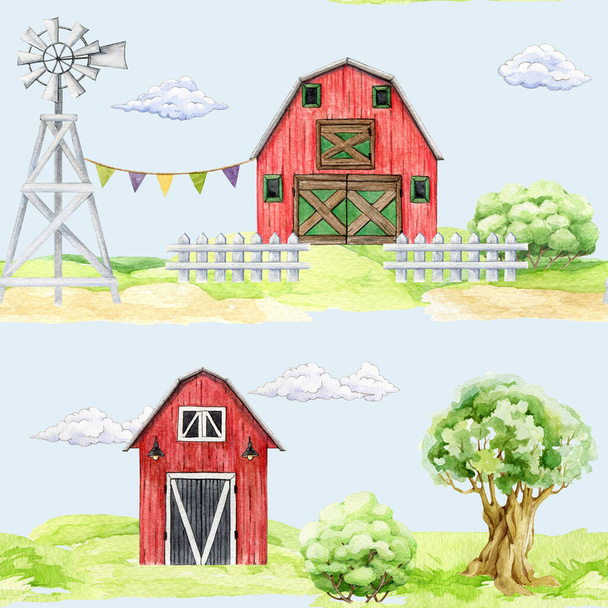Vidéki falu elemei zökkenőmentes minta. Akvarell illusztráció. Kézzel rajzolt vörös pajta, szélmalom, fehér kerítés, tölgyfa, zöld fű, felhők. Village farm táj jelenet zökkenőmentes minta. - Fotó, kép