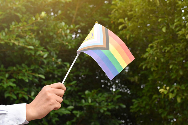 Bandiera LGBTQ + realizzata con carta in mano, concetto per le celebrazioni della comunità LGBTQ + e rispetto della diversità di genere in tutto il mondo nel mese dell'orgoglio, attenzione morbida e selettiva. - Foto, immagini
