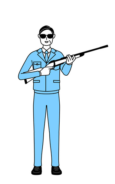 Menedzsment, vezetők, üzemvezető, egy férfi a munkahelyén napszemüveget visel és puskát tart.. - Vektor, kép