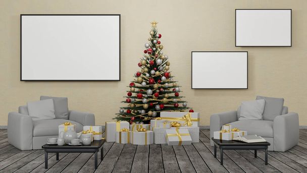 3D-Illustration. Im Wohnzimmer des Hauses steht der Weihnachtsbaum, unter dem sich Weihnachtsgeschenke befinden - Foto, Bild