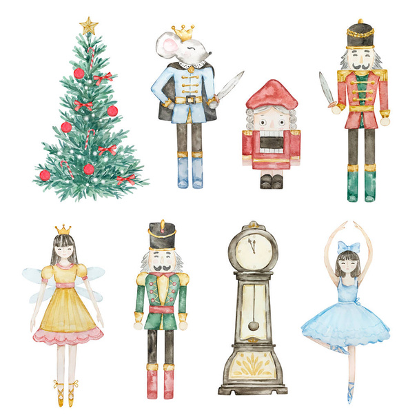 Καρυοθραύστης Καρυοθραύστης Χριστουγεννιάτικο ρολόι, βασιλιάς ποντίκι, μπαλαρίνα, στρατιώτες και παιχνίδια για το σχεδιασμό των διακοπών - Φωτογραφία, εικόνα