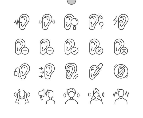 Auditorio. Oído y audífono. No escucho. Busca auditivo. Pixel Perfect Vector Thin Line Iconos. Pictograma mínimo simple - Vector, imagen