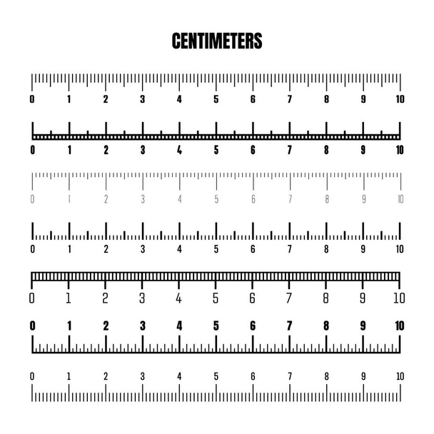 Realistic black centimeter scale for measuring length or height. Various measurement scales with divisions. Ruler, tape measure marks, size indicators. Vector illustration. - ベクター画像
